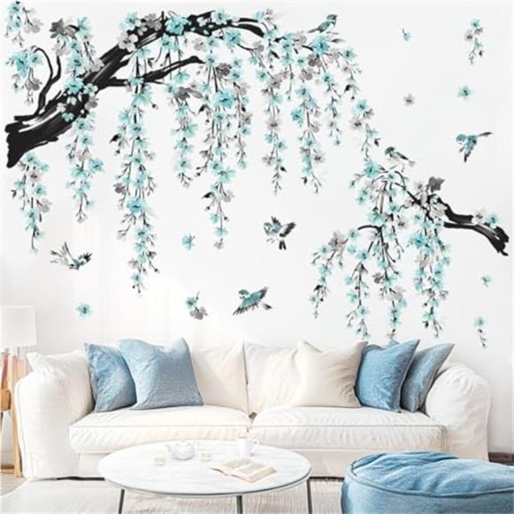 Blue Flower Branch Wall Decal Peel Stick Watercolor Blossom Tree Wall Sticker